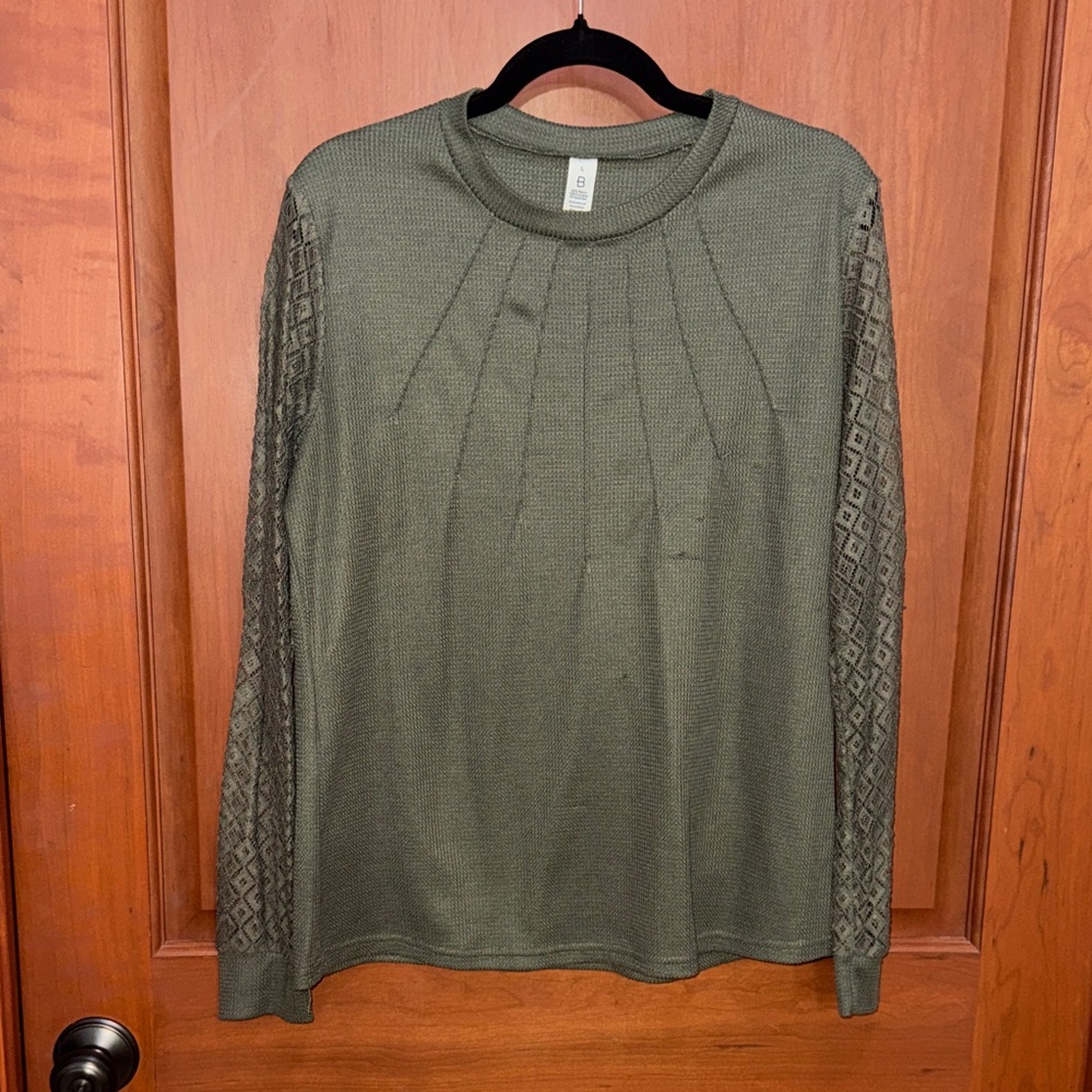 Women's Olive Long Sleeve Knit Tee with Textured Sleeves
